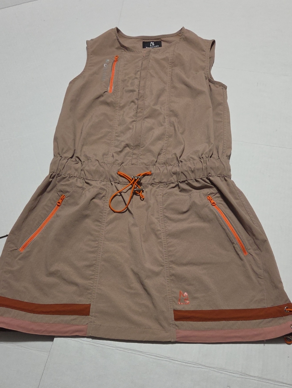 MAGNLENS Taupe Sleeveless Romper with Orange Zip Accents